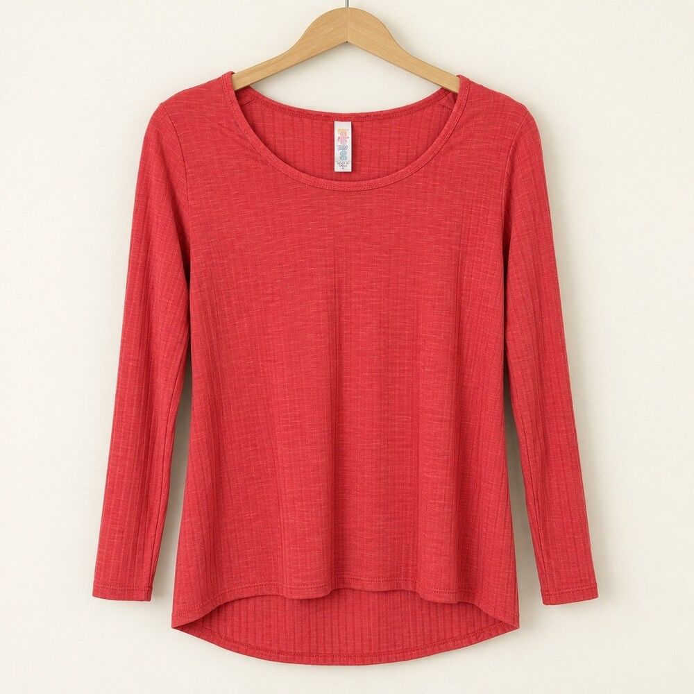 Women Red Ribbed Long Sleeve Scoop Neck High Low Hem Top Size S